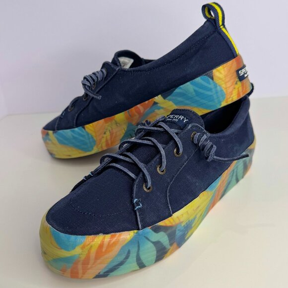 Womens 9.5 Sperry Crest Vibe Navy/Coral Floral Tropical Platform Slip On Sneaker - Picture 1 of 8